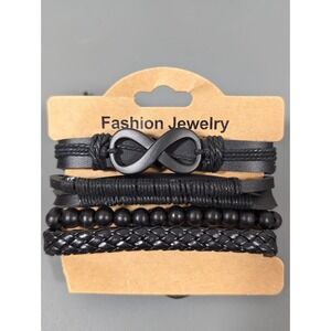 Set of 4 Black Faux Leather Adjustable Cord Bracelets Braided Infinity